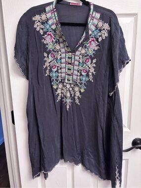Johnny Was Navy Tunic with Multicolor Floral Embroidery